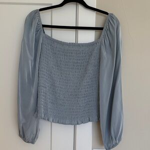 Elegant Slate Blue Smocked Women's long sleeved Top - size Large